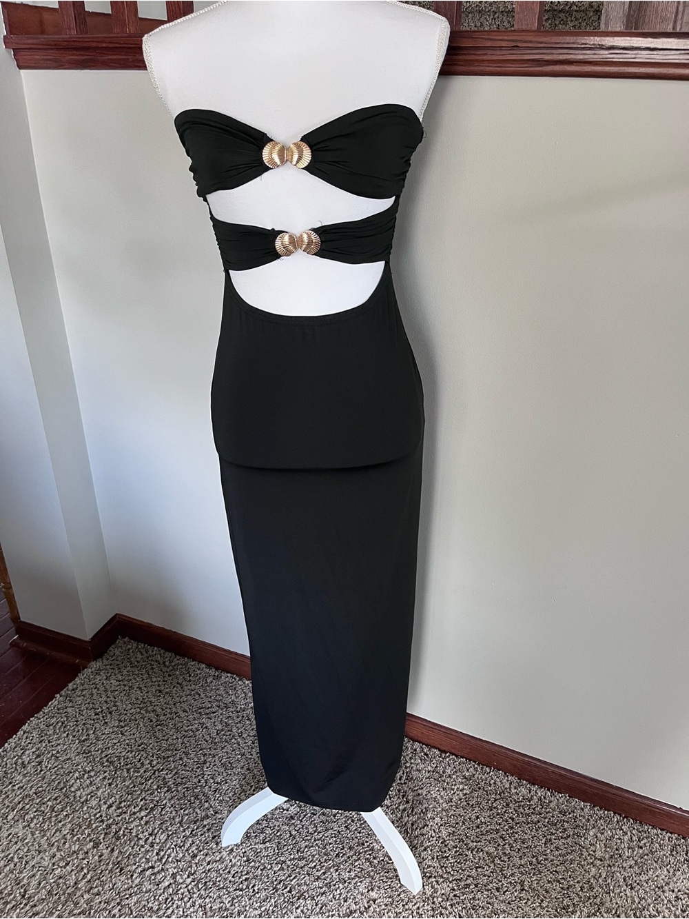 SHEIN Black Strapless Cutout Maxi Dress Gold Shell Hardware Small